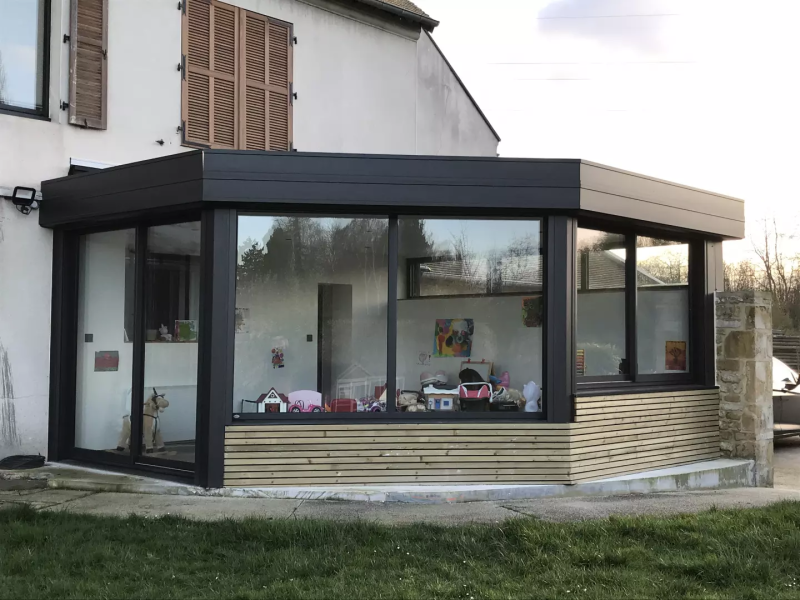 Extension toit plat hybride bois et aluminium à Caen